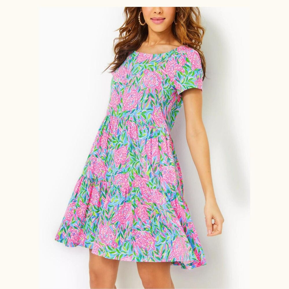 Lilly Pulitzer Geanna Swing Mini Dress Tiered Turtle Printed Cotton M 290422
